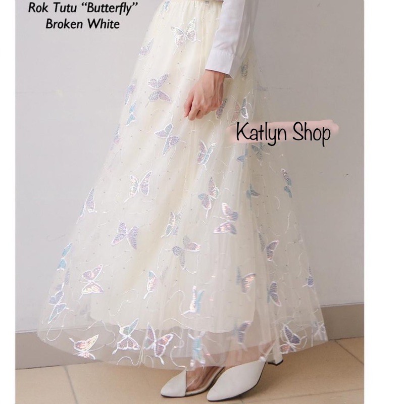 Rok Tutu Kupu Kupu 3D Timbul Panjang / Tutu Maxi Skirt Import ButterFly Embroidery - Katlyn Shop-Kupu Sequin - Beige