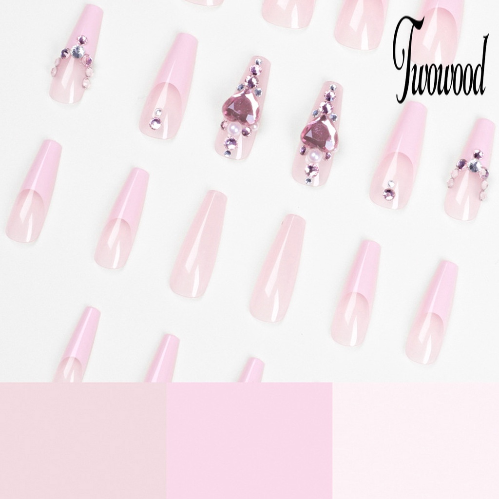 Twowood 24Pcs / Kotak Kuku Palsu Motif Hati Warna Pink Bahan ABS Untuk Nail Art / Salon