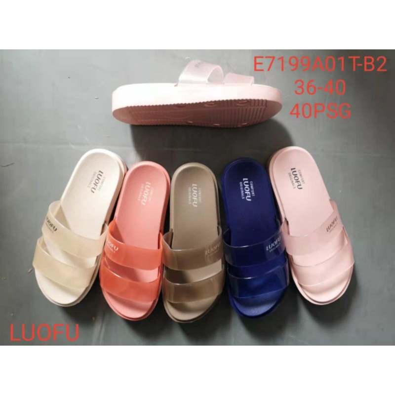 Sendal slop ban2 Luofu transparan nyaman,sandal karet wanita Luofu E7199A01T-B2