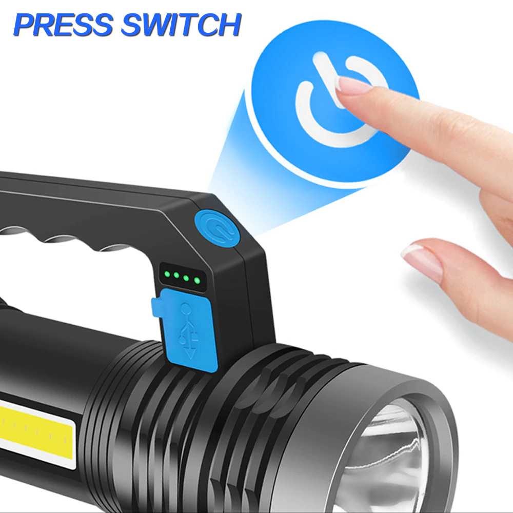 Senter LED DENGAN 4 MODE RECHARGER Waterproof USB 10 W Cree XPE + COB SOS SENTER SUPER TERANG AA