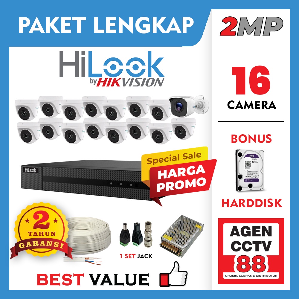 Paket CCTV HILOOK 16CH 16 Channel Kamera 2MP LENGKAP +Kabel +Harddisk