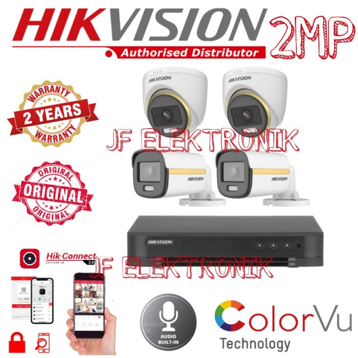 PAKET CCTV HIKVISION 4 CHANNEL 4 KAMERA 2MP COLORVU BUILT IN AUDIO