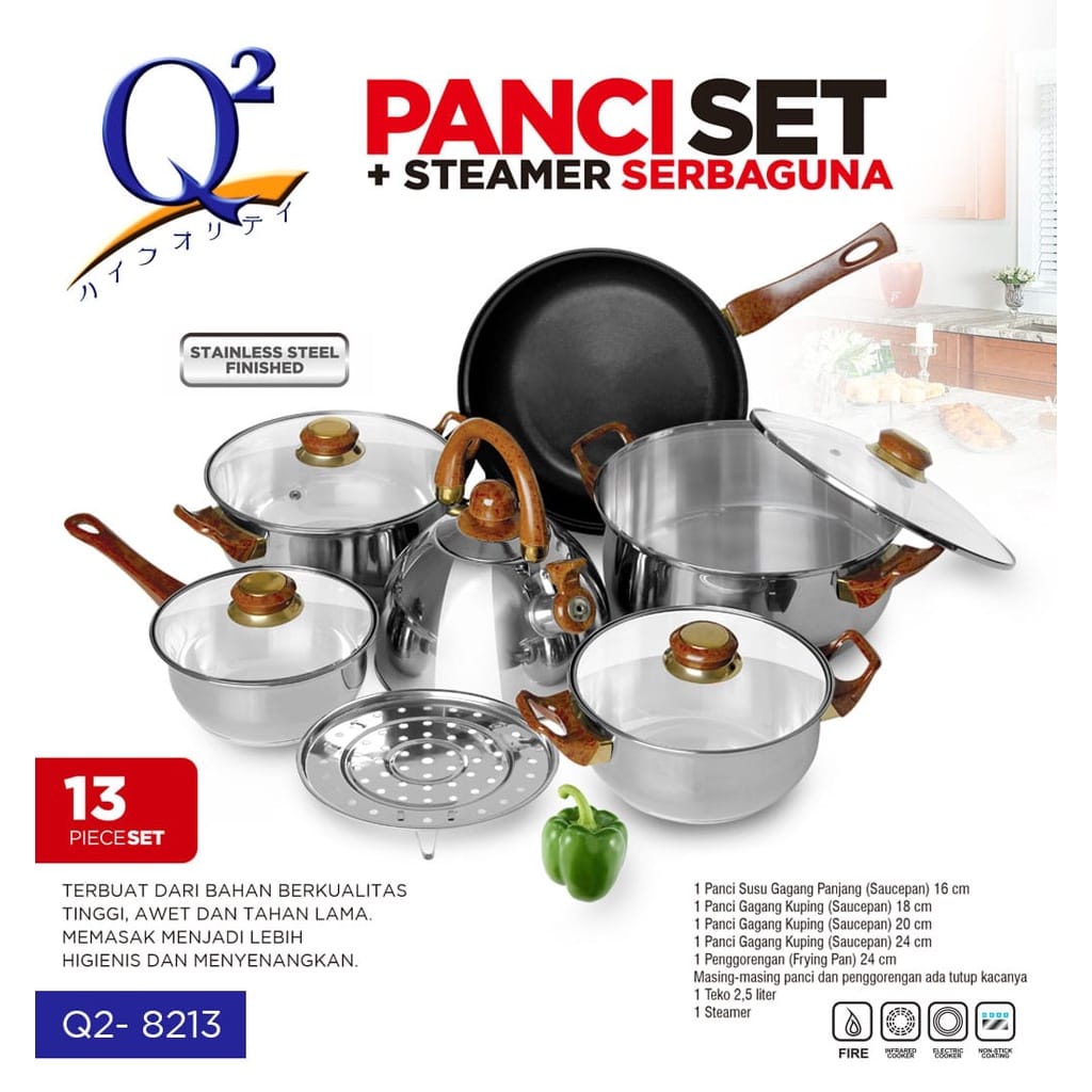 Panci Set Serbaguna & Steamer Q2 13pcs 8213 Teko Kayu Stainles Steel High Quality