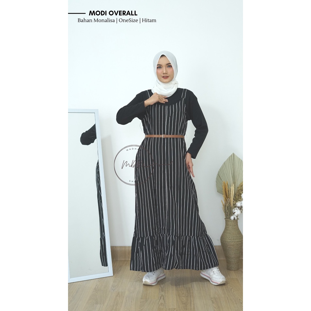 (FREE BELT) Modi Overall Bahan Monalisa Motif Salur Garis Stripe Rempel Bawah Tanpa Lengan Ld 102 cm / Dress Wanita Remaja Muslim Terbaru Warna Mocca Hitam Maroon Navy Kekinian