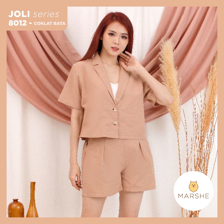 Satu Set Setelan Pakaian Celana Pendek Baju Blazer Wanita Bahan Linen 8012
