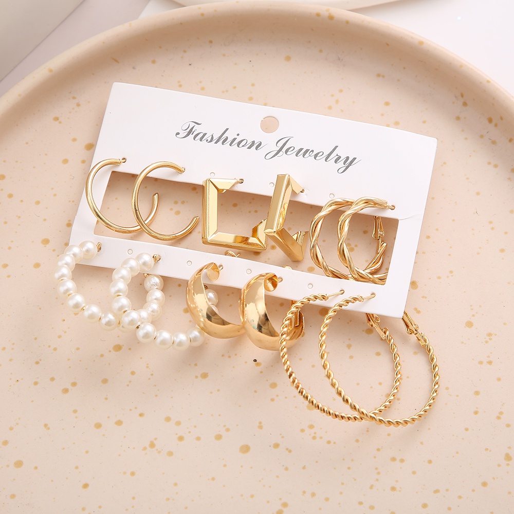 6 Pasang / Set Anting Hoop Bentuk Persegi Aksen Mutiara Warna Emas Untuk Wanita