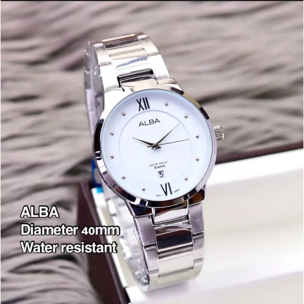 PROMO Jam Tangan Alba 4D1741 Pria Cowok Analog Tanggal Aktif Rantai Stainless