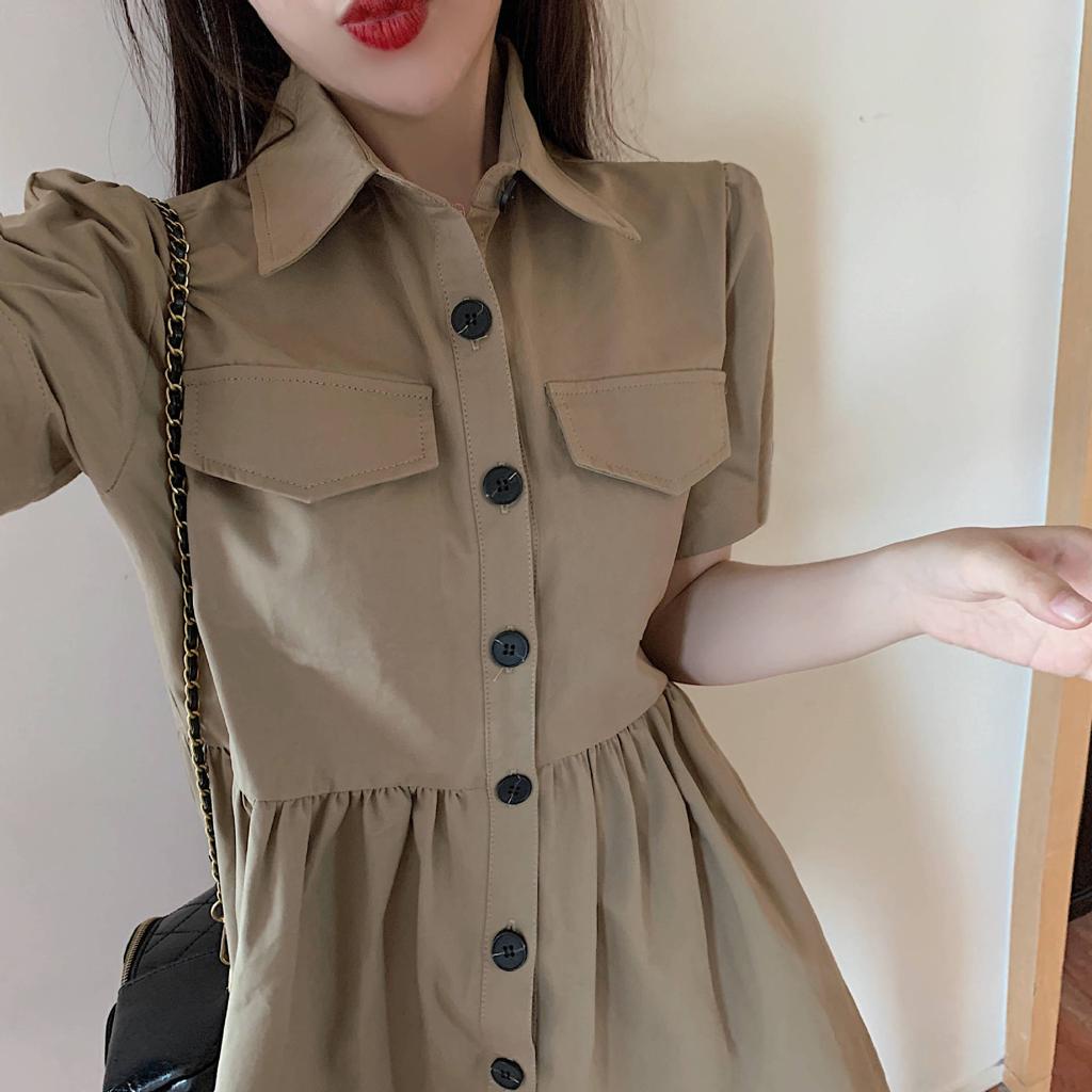 [littlecrab] Dress Full Kancing Berkerah Simple Elegan Dress Polos Saku Kiri Kanan Berkualitas Korean Style Short Dress Model Simply Dress Lengan Pendek Unik Nyaman