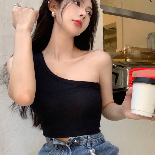 TELLY ➡️ 256 Tanktop CropTop One Shoulders Import Korea