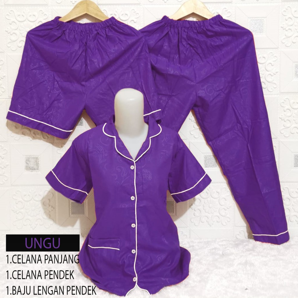 ISANNY PIYAMA SET 3IN1 SIZE XXL/SATIN EMBOSS 3IN1 JUMBO/BAJU TIDUR DEWASA/READY STOCK-MAGENTA