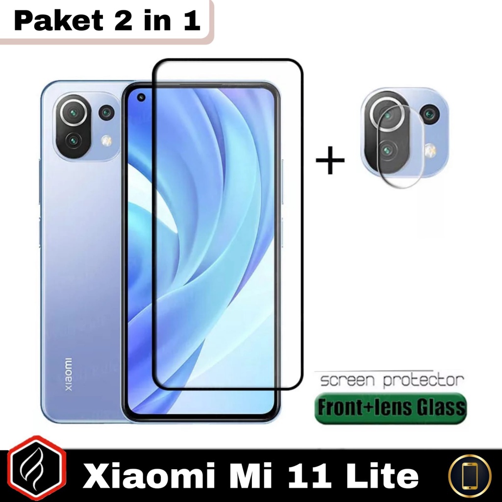 Paket 2 in 1 XIAOMI Mi 11 Lite / Mi 11 Lite Anti Gores Layar Full Cover Free Tempered Glass Camera