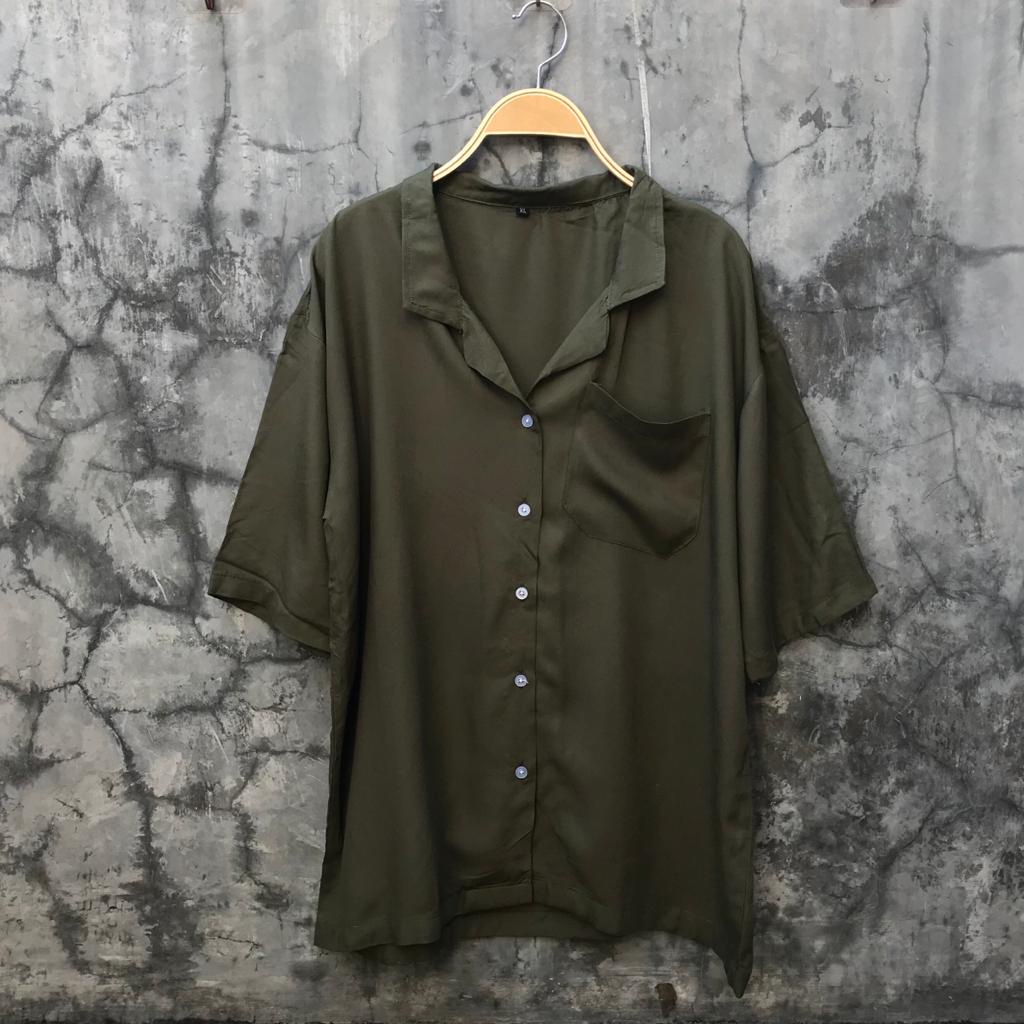 BOWLING - Oversized Shirt Hawai Kemeja Pantai Basic Polos Ukuran Besar Kancing Rayon Unisex-Army