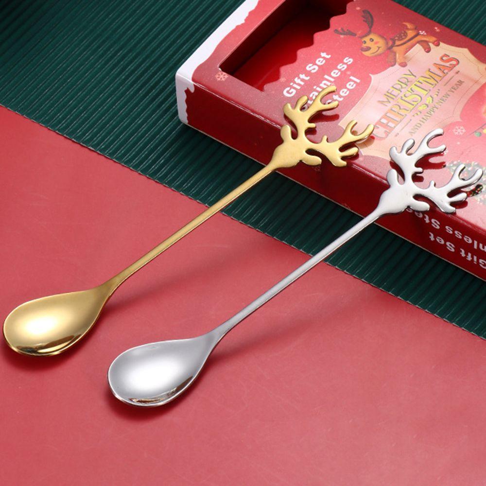 Solighter 2PCS Sendok Natal Desserts Es Krim Stainless Steel Sendok Pengaduk Xmas Tanduk