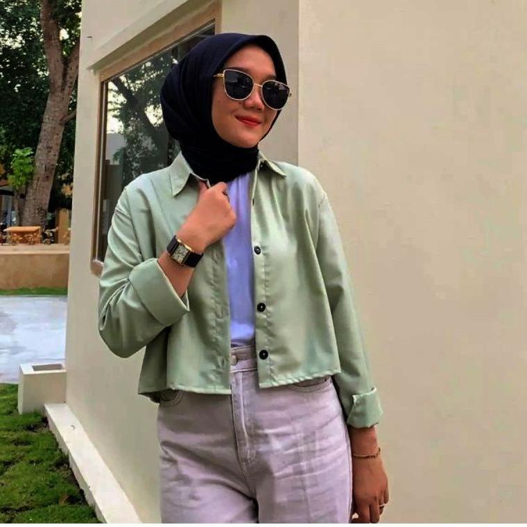 [BDT.22Jn22ᴺ] Baju Wanita Kemeja Croptop shirt Outer Kemeja Putih Hitam Mocca Kemeja Crop Lengan Pan