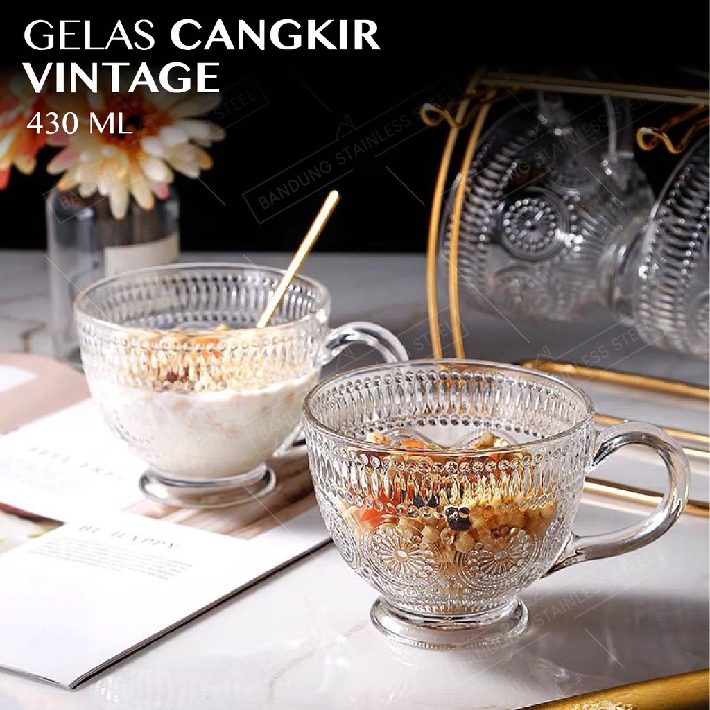 Gelas 430ml Cangkir Kaca Glass Mangkuk Sereal Cereal Cup Crystal Vintage Retro Gaya Nordic Cantik