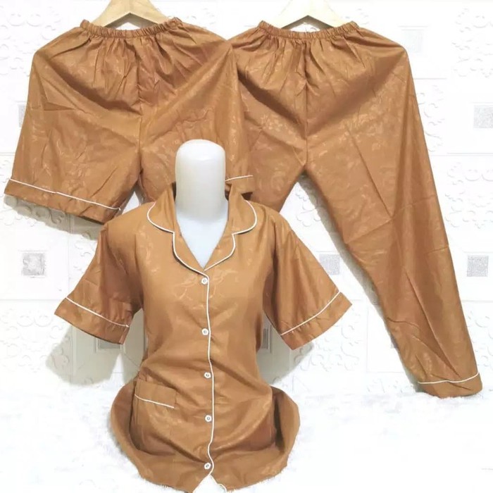 SEASOND IND Piyama/Baju Tidur 3in1 Wanita Dewasa Embos Warna/L Fit to XL ko-Embos coklat muda