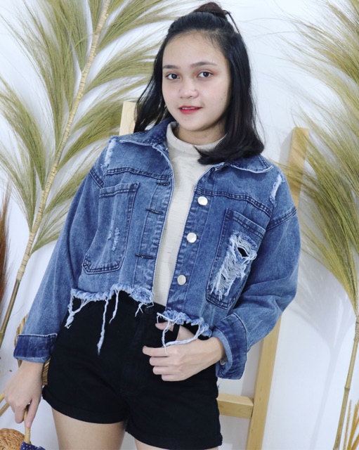 Destroy Ripped Crop Premium Jacket Jeans | Jaket denim jeans sobek wanita