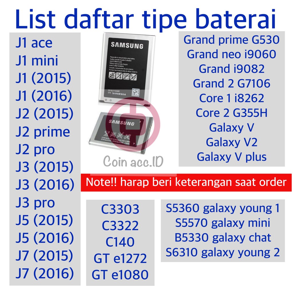 Baterai/batre SAMSUNG[ORIGINAL]J2 PRIME/J1 ACE/J5/J2 PRO/J3 2016/GALAXY MINI S4 V 2 E1272 GRAND CORE