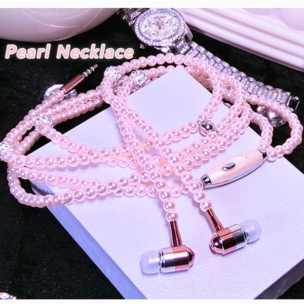 (COD) Pearl Necklace Earphone Kalung Mutiara Headset with Mic Charms Pendants Ornaments Henset Handset Heandset Hedset Hetset
