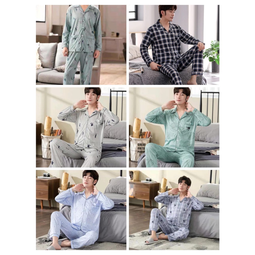 BAJU TIDUR PIYAMA COWOK KATUN IMPORT BERKUALITAS MOTIF KRA KANCING LIMA LENGAN PANJANG SETELAN CELANA PANJANG WARNA GELAP TERBARU BAPAK BAPAK SIZE L-XXXL FIT TO 85KG