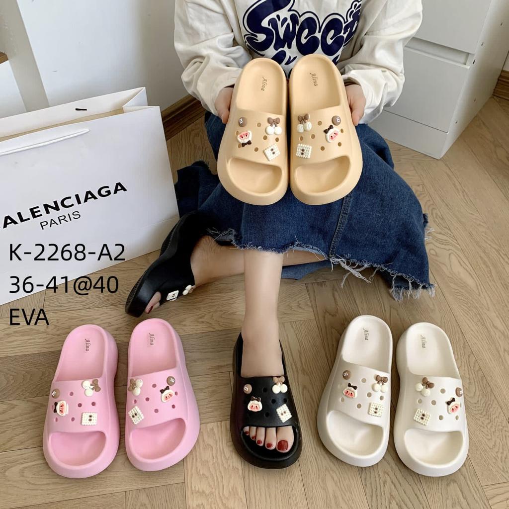 EVA Sandal Slop Wedges Wanita Import Karet Spons EVA Super Ringan Empuk Elastis Tinggi Tebal 5 Cm Sol Anti Slip ALINA 2268-A2 Jibbitz