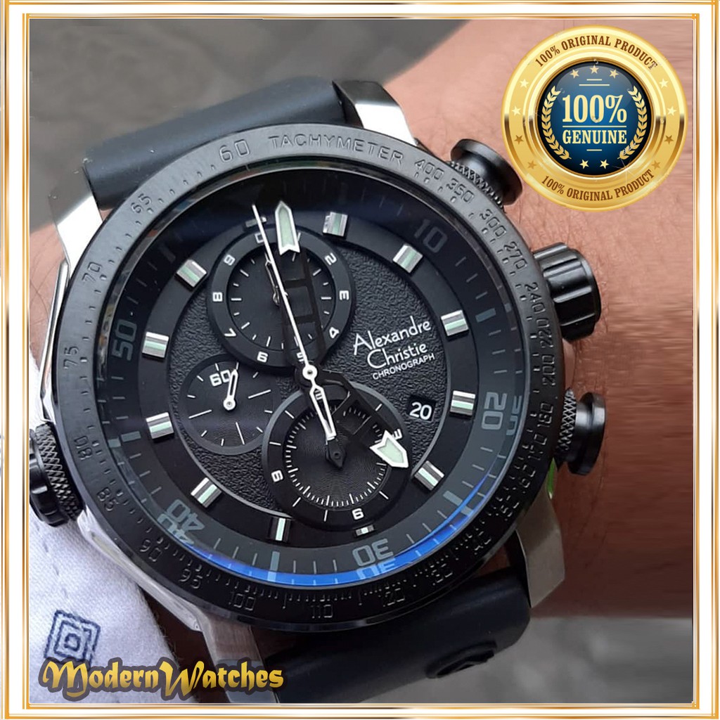 Jam Tangan Pria Alexandre Christie Original AC 6565 Hitam Silver Black Karet Alexander Sporty Keren