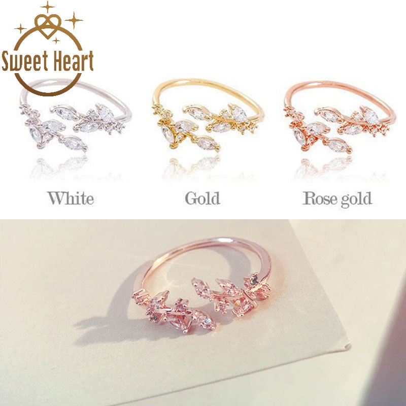 Cincin Model Terbuka Adjustable Desain Daun Bunga Hias Zircon Gaya Korea Untuk Wanita