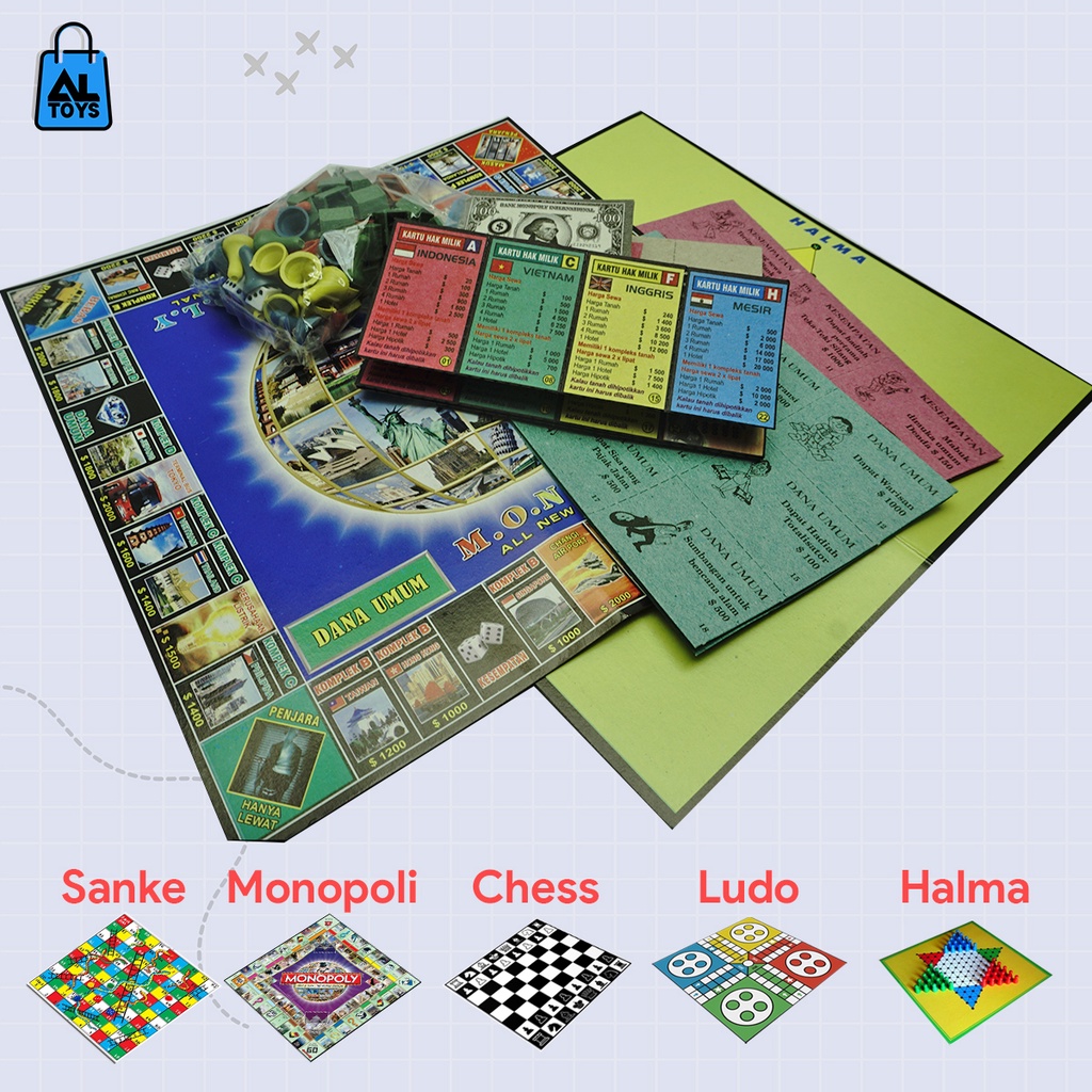 Mainan Game Board Kartu Monopoli 5in1 Chess / Halma / Ludo / Monopoly / Snake &amp; Ladder