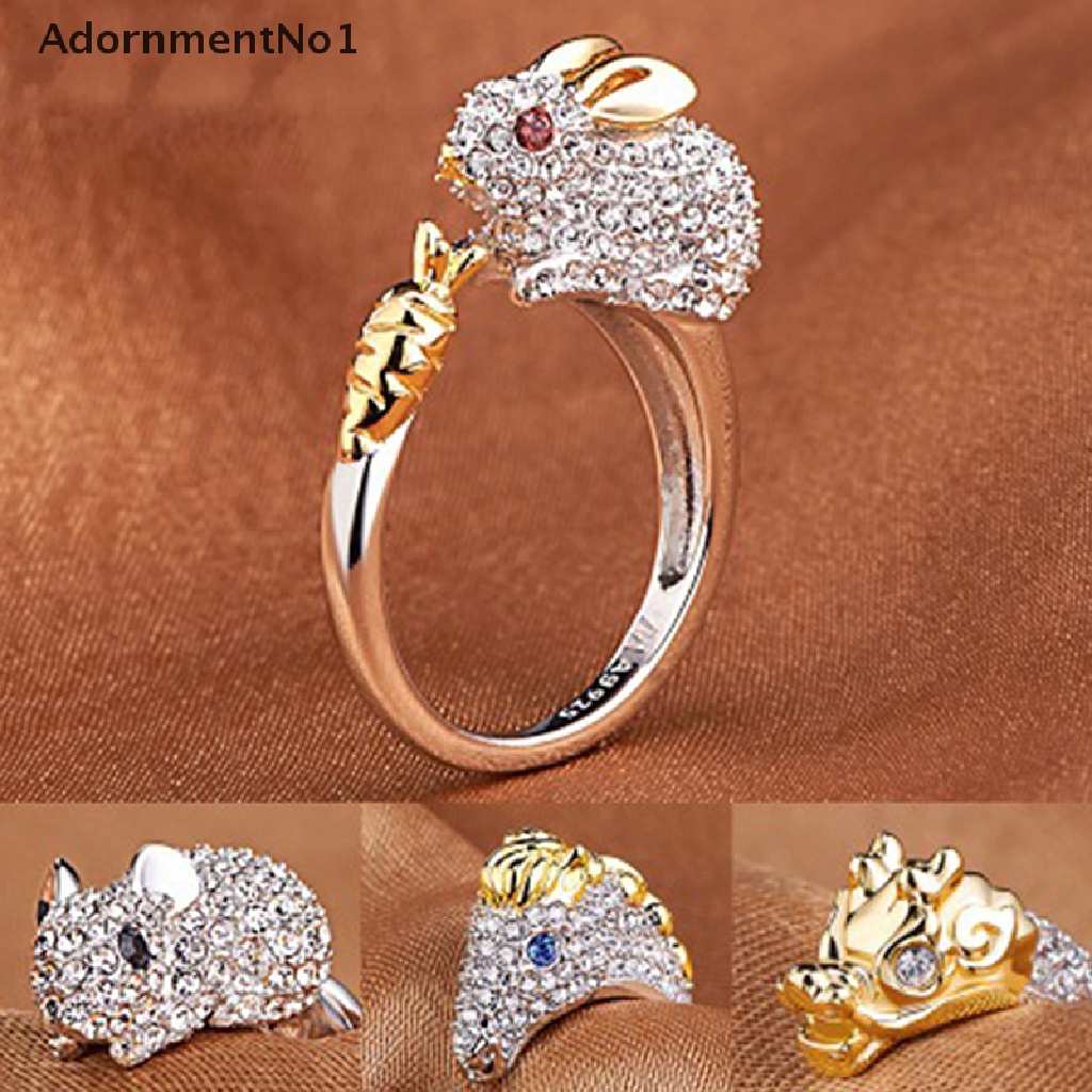 (AdornmentNo1) Cincin Motif Kelinci / Babi / Naga / Kuda / Monyet / Ular / Domba / Anjing Aksen Kristal Untuk Perhiasan Wanita