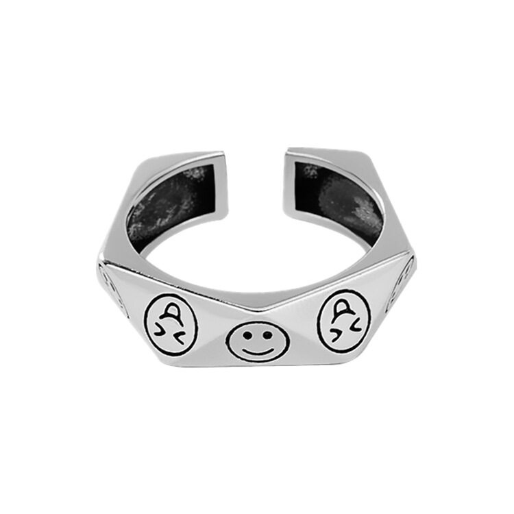 Rock Metal Geometry Circular Smile-Face Adjustable Rings Punk-Style Women Lovers Aesthetic Girl Accessories Party Jewelry