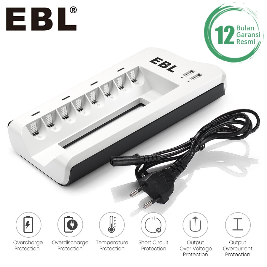 EBL Charger AA / AAA Ni-MH Rechargeable Ba with 8-Bay With 2 Usb Port