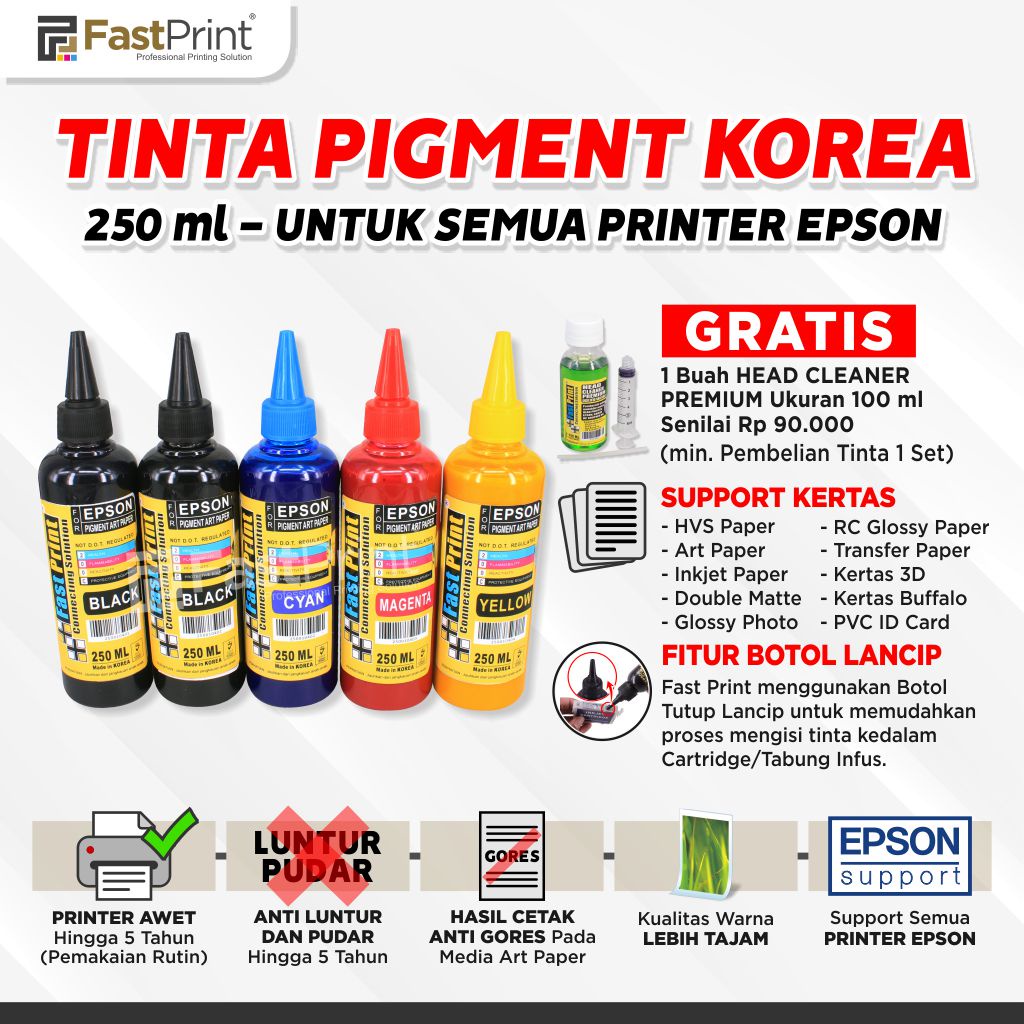 Tinta Pigment Art Paper Korea Epson 1 Set - 5 Warna - 250 ML