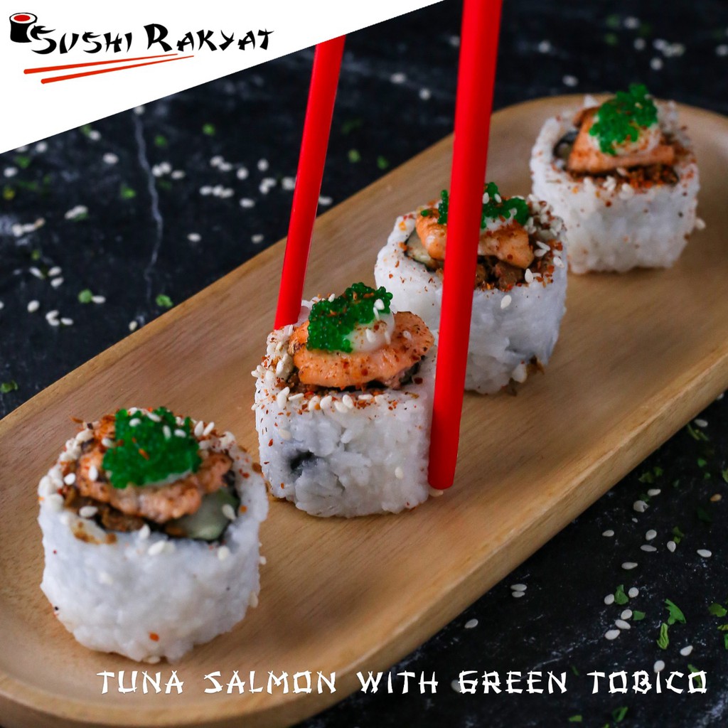 

SushiRakyat Tuna Salmon With Green Tobico Isi 4pcs/8pcs