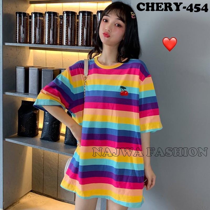 Kaos T-Shirt O-Neck Lengan Pendek Longgar Motif Buah Garis Pelangi Gaya