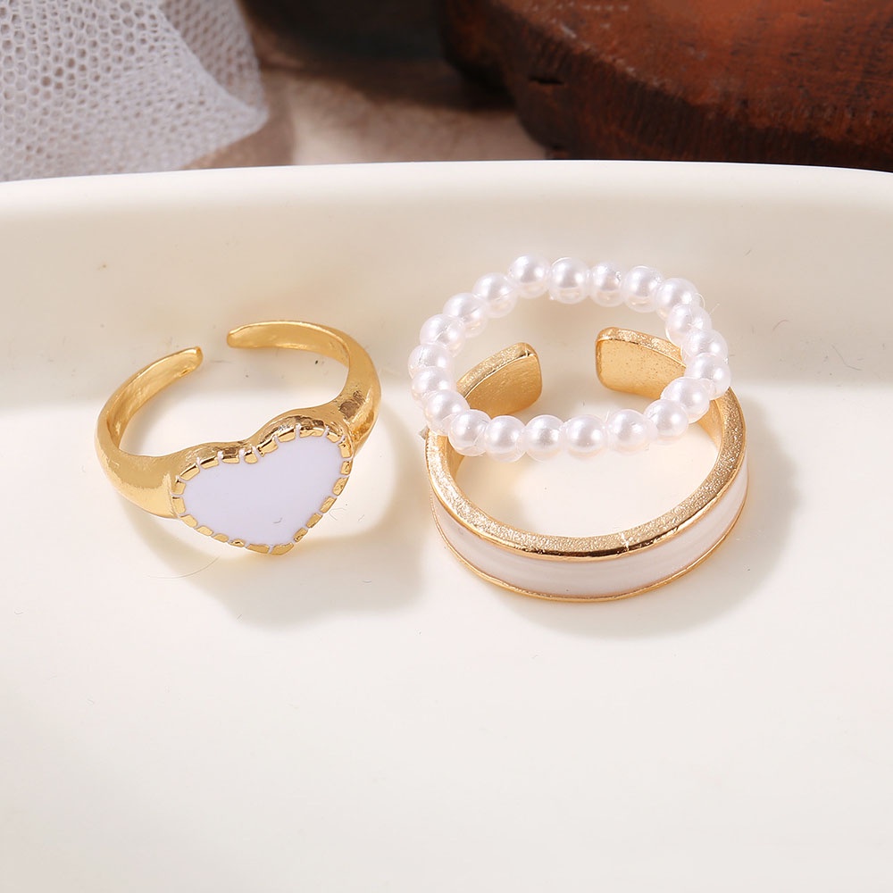 3pcs / Set Cincin Jari Elastis Adjustable Warna Emas Aksen Mutiara Bentuk Hati Untuk Wanita