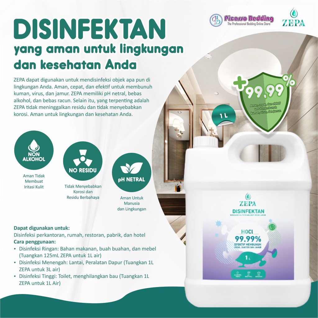 Disinfektan ZEPA 1 Liter NON ALKOHOL / Disinfektan Ruman / Disinfektan Hocl / ZEPA Disinfectant