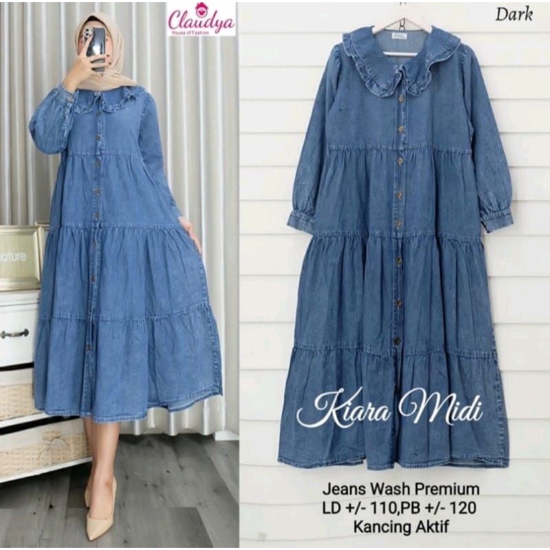 TERBARU MIDI Dress Jeans Krah Korea // Dress Jeans Terlaris // Midi Long Full Kancing Wanita