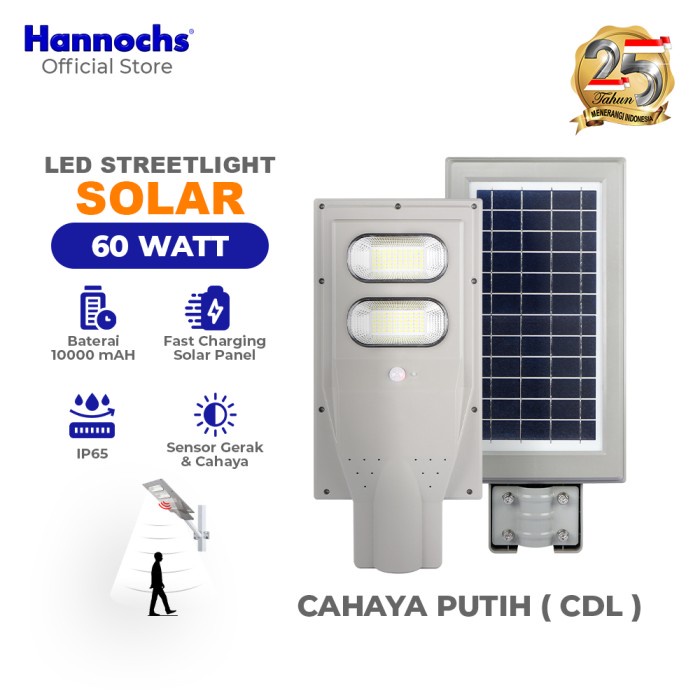 Hannochs Lampu Outdoor LED Streetlight 60W Cahaya Putih Solar Cell PJU