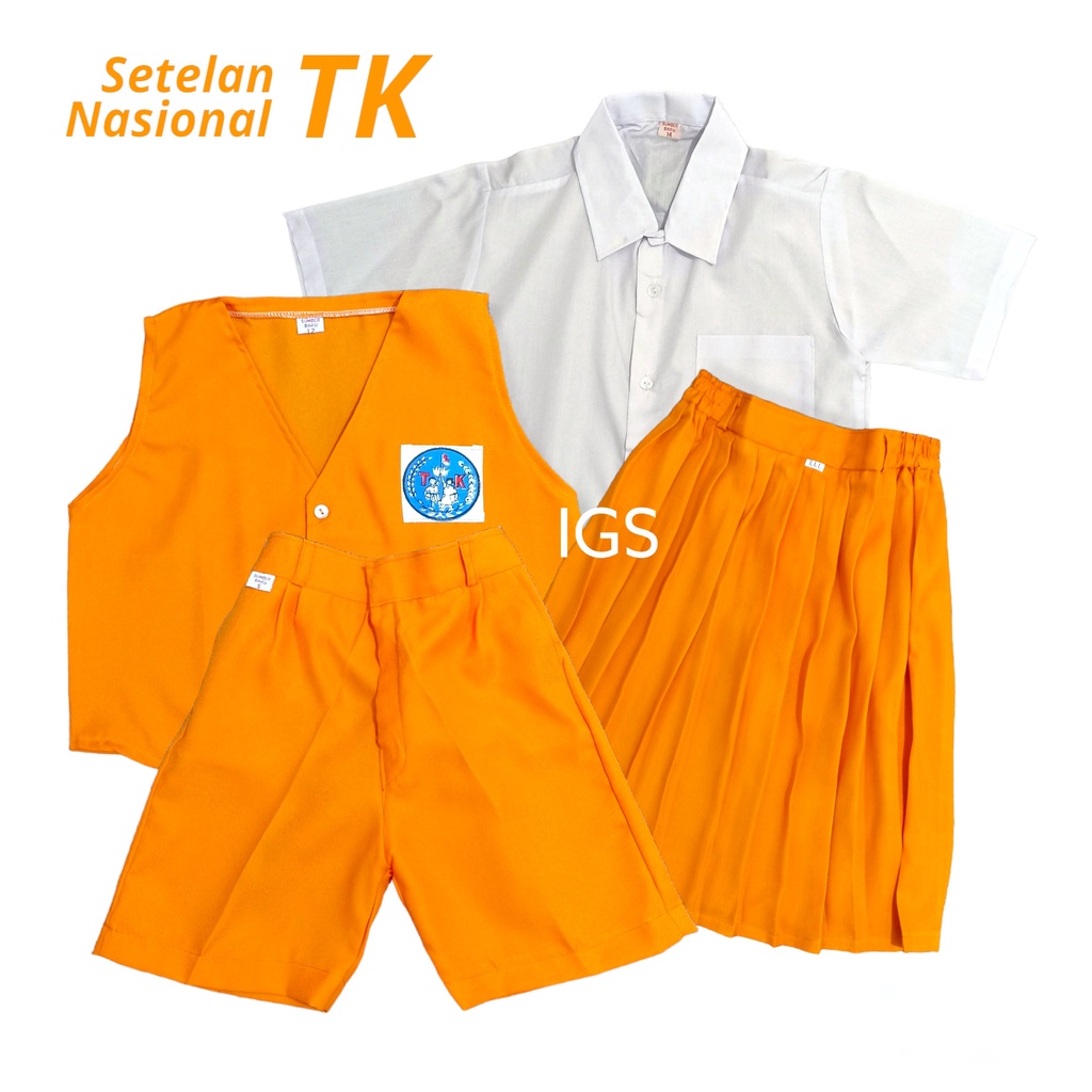 Setelan Seragam Rompi TK Nasional Orange Biru Putih Laki laki Perempuan