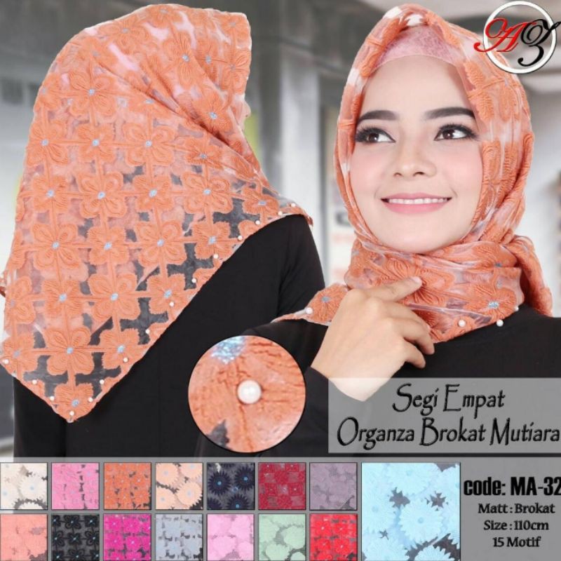 Jilbab Segiempat Organza Brokat Mutiara Mewah Cantik