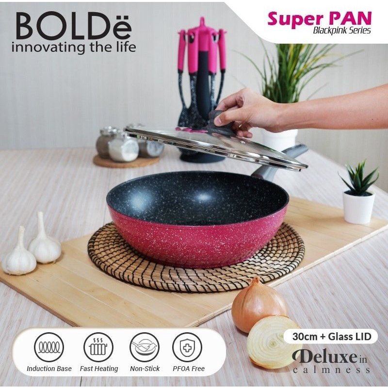 Panci Penggorengan Bolde 30cm Wok + Glass LID Black Pink Free Tutup Kaca