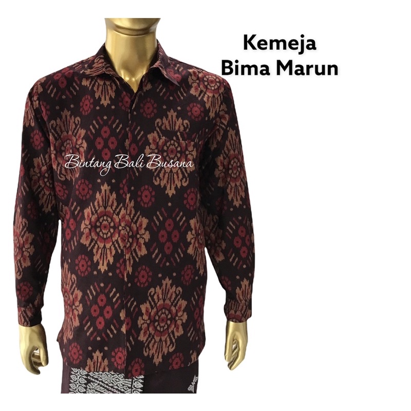 Kemeja Endek Bali Katun Lengan Panjang Motif Bima Warna Marun dan Biru Navy Dongker Pria Cowok Laki 