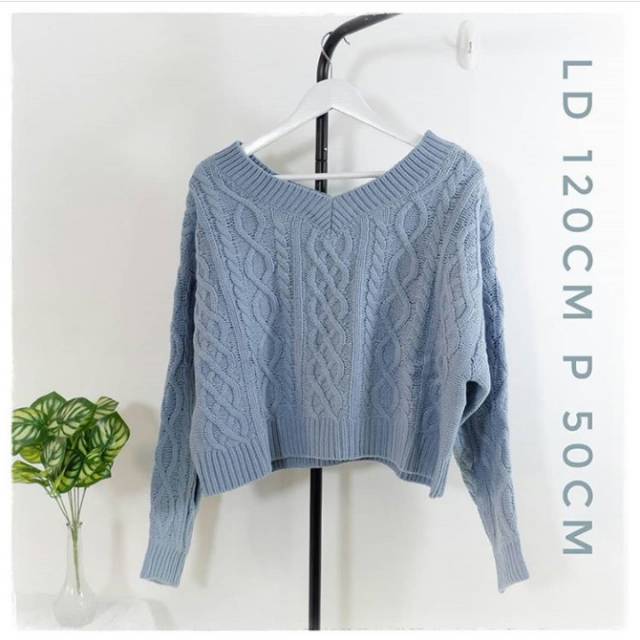 V neck Blue Cable Knit Crop Sweater Rajut Wanita Biru