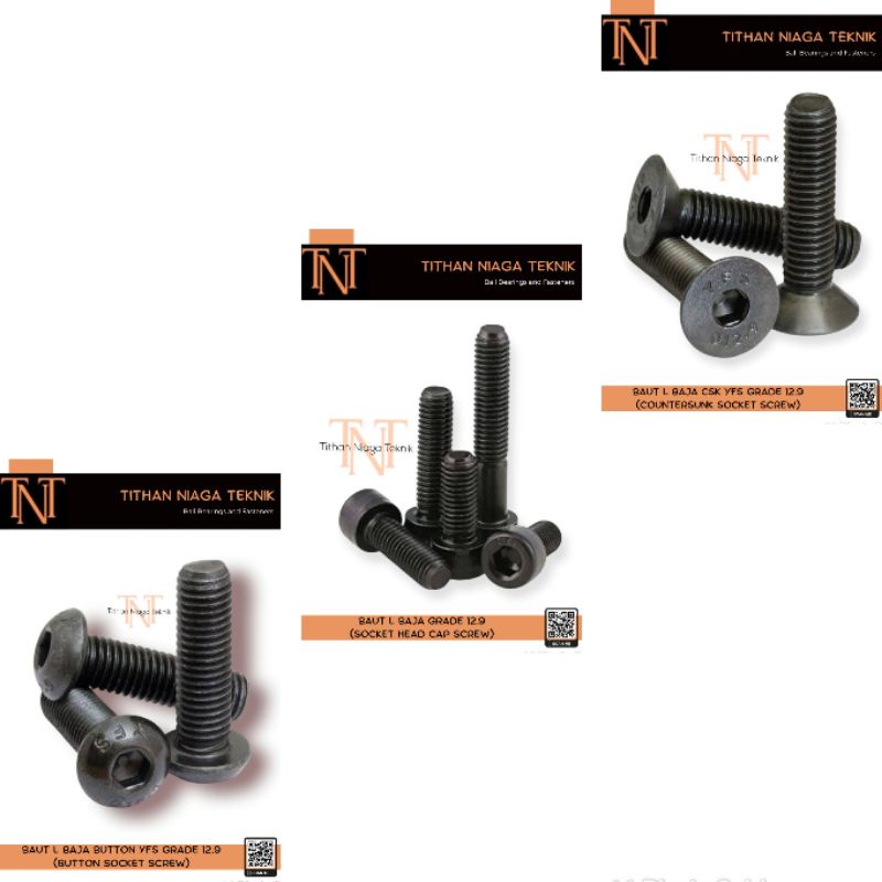 M12x20 drat 1.75 Baut L baja hitam tipe L button / L screw / L CSK (verseng/tepar) / L tanam M12 x 2