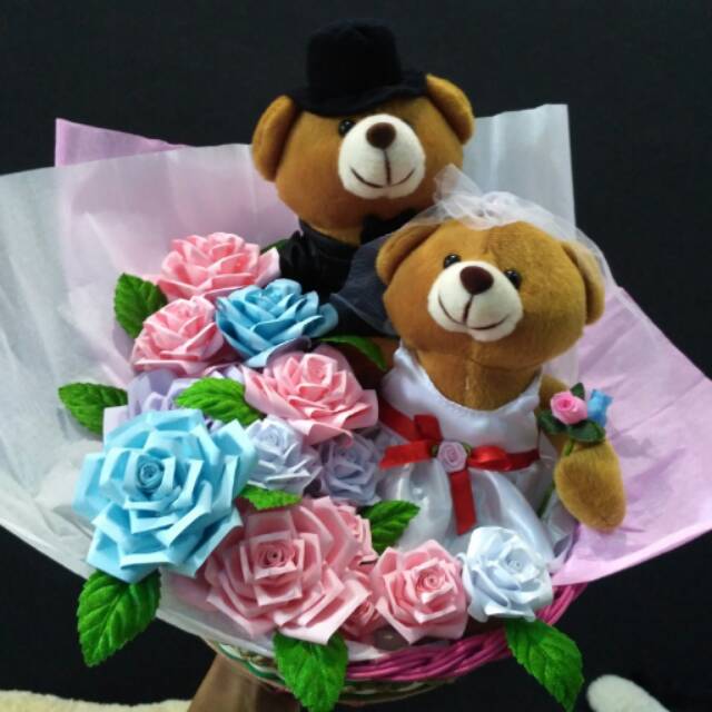 Bucket Bunga kertas mix boneka teddy bear pengantin  / buket bunga / bouquet flowers