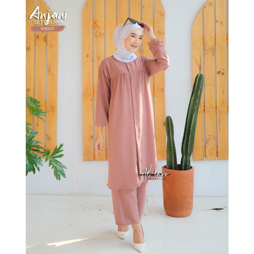 Setelan celana one set ANJANI RISA original by AL FARO atasan celana crinckle terbaru casual shabby limitted setelan wanita busui bumil tunik long kancing kemeja kerja muslim ootd fashion lylac denim army