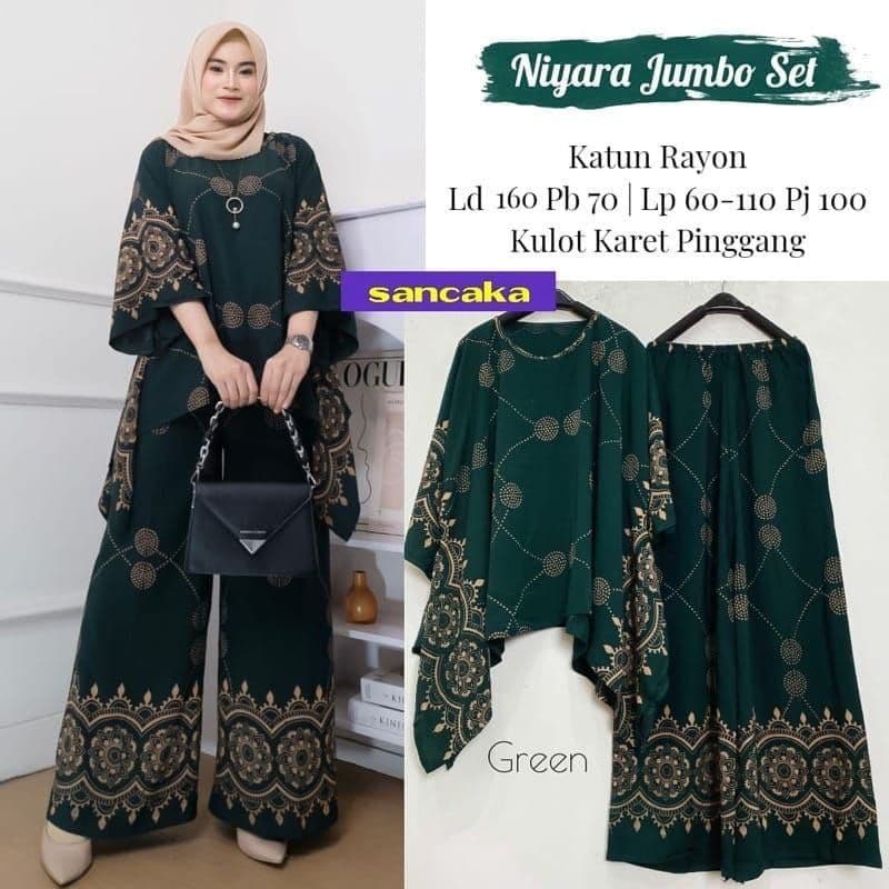 Niyara Jumbo Set - One Set Jumbo Katun Rayon Tidie Premium Busui Setelan Wanita Waka Waka Set Celana Panjang Bigsize LD 160 cm