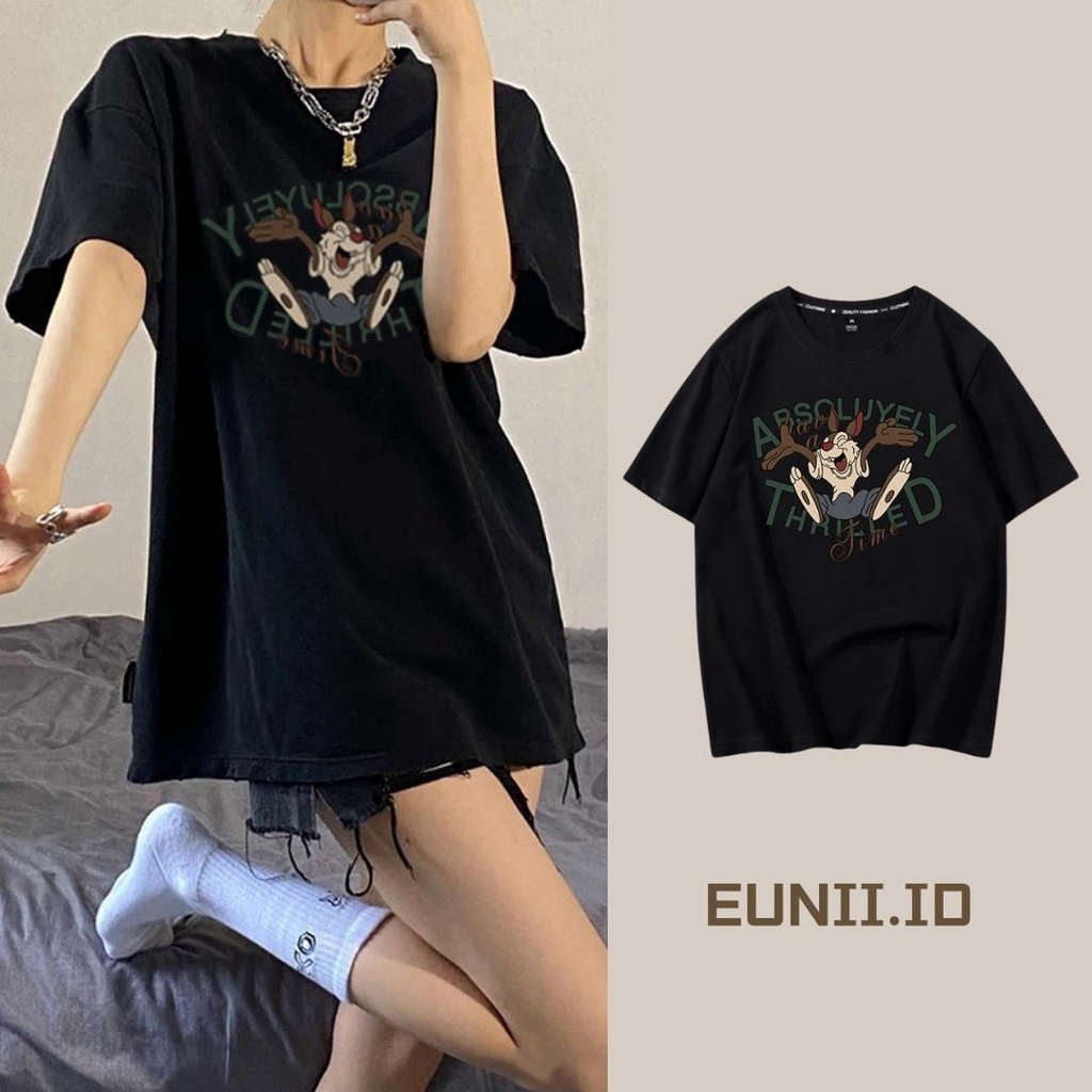 EUNII T-shirt Lengan Pendek Gaya Longgar Hitam Korean Style/Kaos Atasan Wanita/Baju Kaus Oversize Wanita