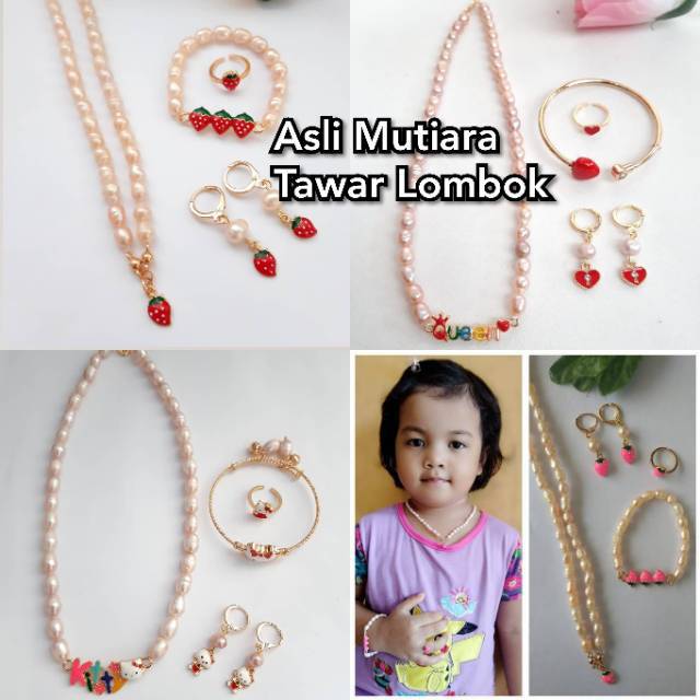SET PERHIASAN ANAK MUTIARA LOMBOK ASLI HELLO KITTY STOWBERY RANGKA RHODIUM KALUNG GELANG ANTING ANAK