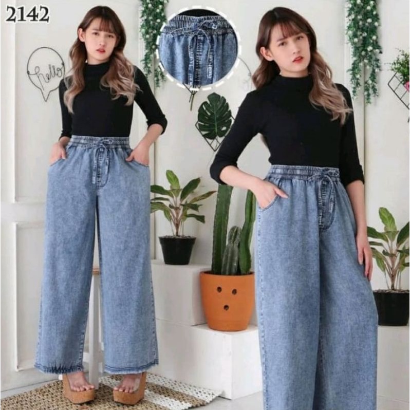 KULOT JEANS SNOW//KULOT JEANS HIGHWAIST FUULL PINGGANG KARET SELALU REDY